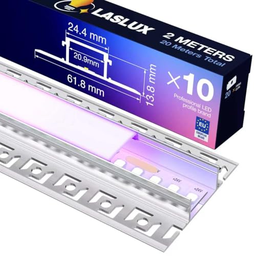 LASLUX - Perfil LED de 2 m × 10 piezas aluminio 61,8 × 13,8 mm para cinta ≤20 mm – Perfil de aluminio LED empotrable para azulejos y placo con puntas – riel de techo de pared iluminación indirecta