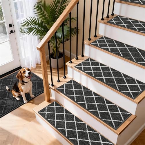 COSY HOMEER Edging Stair Treads Non-Slip Carpet Mat 28inX9in Indoor Stair Runners for Wooden Steps, Stair Rugs for Kids and Dogs, 100% Polyester TPE Backing 15pcs,Dark Grey