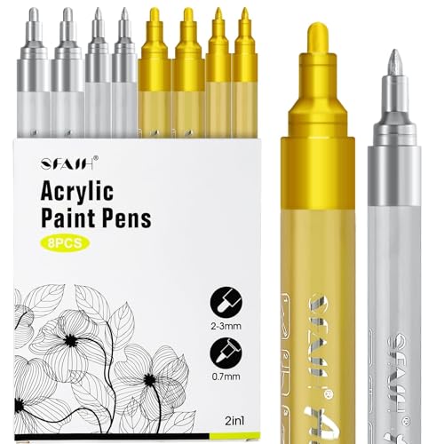 Image of SFAIH Gold & Silver Acrylic Paint Pens, 0.7mm Extra Fine 2-3mm Medium Tips | High Coverage, High‑capacity Ink, 8 Count Pens, Rock Painting, Wood, Metal, Fabric, Plastic, Canvas, Glass, Ceramic