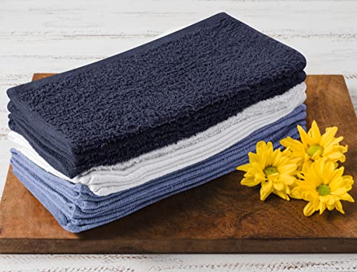 Image of Towel and Linen Mart 100% Cotton - Wash Cloth Set - Flannel Face Cloths, Highly Absorbent and Soft Feel Fingertip Towels (Navy, White & Sky Blue, Pack of 12)
