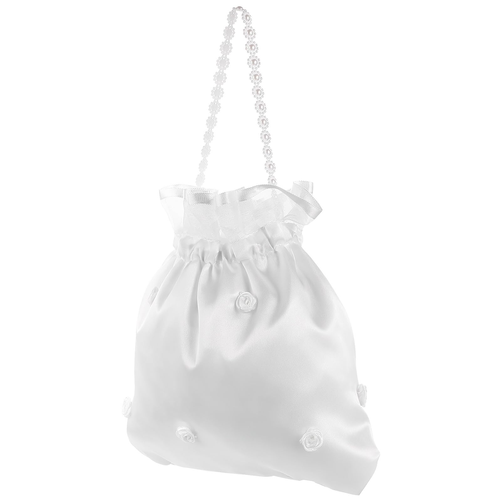 Alipis Bridal Dolly Bag White Satin Flower Decorated Handbag Bridesmaid Purse for Wedding Day Essentials 8.66X8.27X0.20In