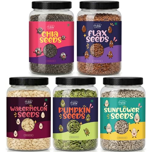 Image of LILA DRY FRUITS 5 Seeds Combo Pack Chia Flax Pumpkin Sunflower Watermelon Seed Mix 250 g x 5 for Eating Healthy Raw Seeds Mix Superfood Snack High Fiber Protein Rich Daily Nutrition