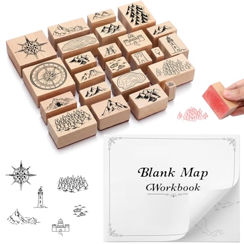 Marspark 24 Pcs Fantasy Map Making Stamp Kit with Practice Work Booklet Combo Map Making Rubber Stamp Kit Compass Outdoor Scenery Stamps for RPG Adventures Storytelling and Creative Projects