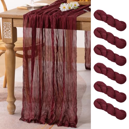 Image of MLMC 6 Pack Burgundy Red Table Runner 10ft Wine Red Cheesecloth Table Runner Sheer Gauze Cheese Cloth Centerpiece 35x160 Inches for Wedding Bridal Shower Anniversary Events Decor