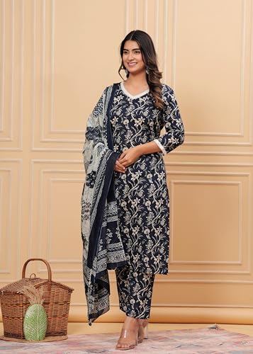 Image of MEERA FAB Womens Cotton Printed Straight Kurta Set V-Neck with Palazzo & Dupatta Set