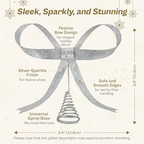 HUTHDAK Large Glitter Silver Bow Christmas Tree Topper,9.4 Inch Metal Tree Topper,Silver Bow Christmas Decorations for Xmas Home Decor Holiday Party Indoor Outdoor Shop Office by HUTHDAK - Image 2