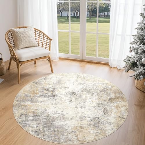 4ft Round Area Rug Living Room Rugs - 4x4 Washable Neutral Modern Abstract Soft Thin Rug Indoor Floor No Slip Rug Carpet for Bedroom Under Dining Table Home Office Decor - Golden Grey