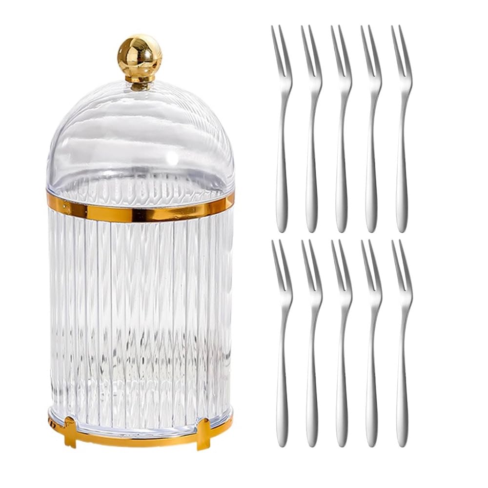 10-teiliges Edelstahl-Besteck-Obstgabel-Set mit Vorratsglas, Familienfeier, Dessert, kleine Gabel, Dessert, Obststab (transparentes Vorratsglas, silberfarbene Gabel x 10)