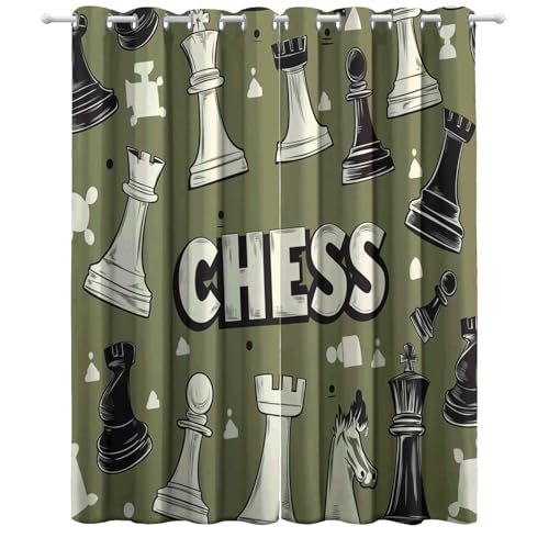 Cortinas Verde Militar Opacas con Ojales,Cortina con Estampado Ajedrez Tema Retro, con Ojales Térmica Aislante Opaca para Dormitorio o Salón 117An x 138Al cm (2 Paneles)