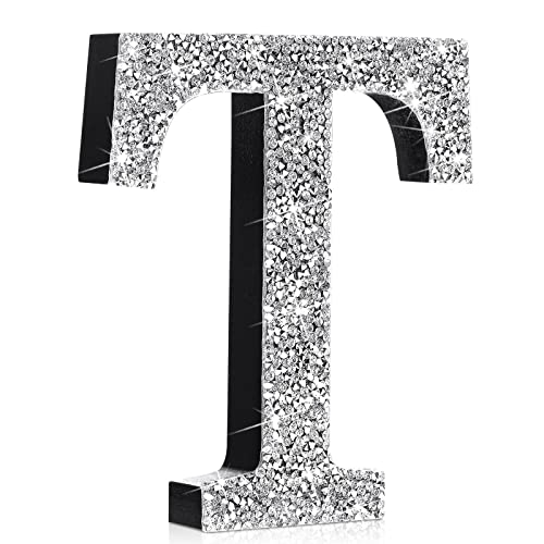 Qunclay Silver Crystal Diamond Bling Letters Crushed Diamond Decoration Wooden Glitter Letter with Screw and Hooks Rhinestone Gift for Valentine Y2k Mcbling Bedroom Wall Decor(Letter T,5.7