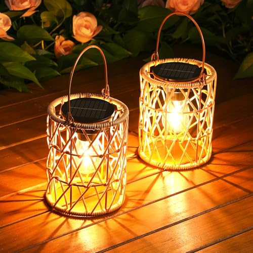 KOOPER Solar Lantern Outdoor Lights, 2 Pack Bright Hanging Solar Lanterns Outdoor Waterproof with Handle, Decoration Rattan Lanterns for Outside Hanging Garden Patio Yard Porch Trees Lawn Pathway Gift