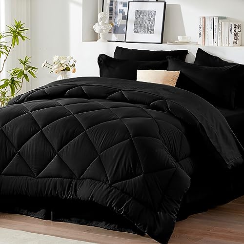 Newspin Full Comforter Set Black - Bed in a Bag Full Size 8 Pieces, All Season Bed Set, Fluffy Comforter Set with Sheets, Sheet Set Quilt Blanket, Pillowcases & Shams & Bed Skirt