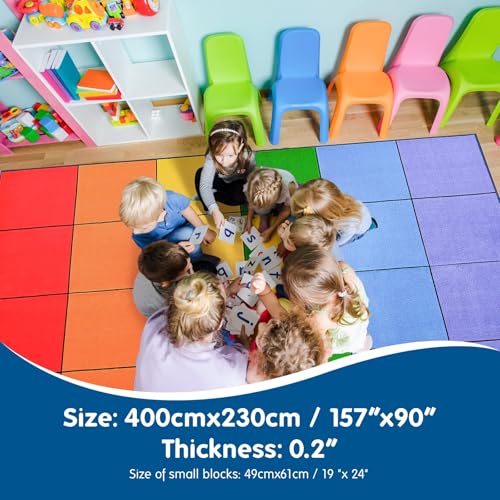 Image of Booooom Jackson Classroom Rug - 7'6''x13' Rainbow Preschool Classroom Carpet with Seating Squares, Non-Slip & No-Trip Edges, Vibrant Colors for Kids Playroom Floor Mat