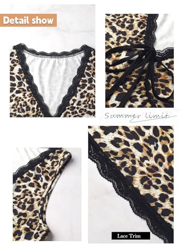 Image of Womens Leopard Lace Trim Sexy Club Dress Bow Tie Front Sleeveless Cheetah Print V Neck Bodycon Night Out Y2K Mini Dress