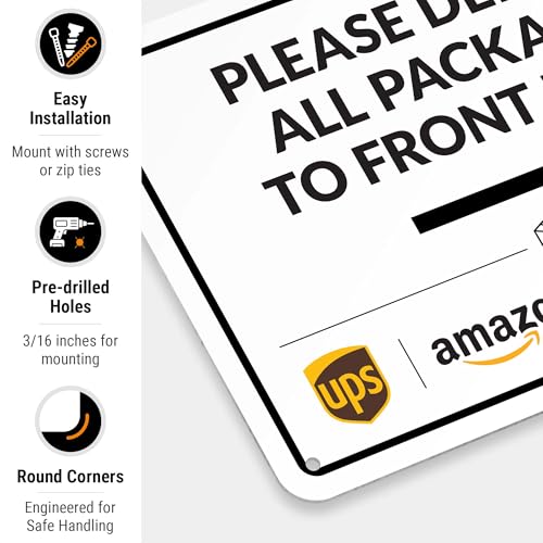 Image of Package Delivery Sign, Delivery Instructions Deliver All Package to Front Door Right Arrow Sign, 10x7 Inches, Rust Free .040 Aluminum, Fade Resistant, Made in USA