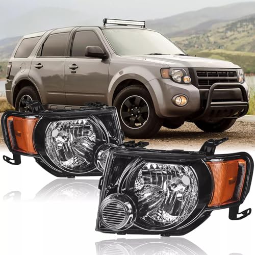 2pcs Headlights Assembly Set For 2008 2009 2010 2011 2012 Ford Escape Limited/XLS/XLT SUV Replacement Headlamps Driver and Psaaenger Side Matte Black Housing Clear Lens(Left and Right)