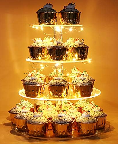 Vdomus Acrylic 4 Tier Cupcake Stand Cupcake Pastry Display Stand with LED String Lights Dessert Tree Tower for Birthday Wedding Party round cupcake stand Cupcake Tier Stand, Warm