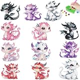 ALINUOYQ 12 Stück Drachen-Diamant-Gemälde-Aufkleber, Cartoon-Drachen, DIY, kreativer Mosaik-Aufkleber, Basteln, Edelsteine, Malen nach Zahlen, Diamanten, Kunst for Kinder und Erwachsene, Anf