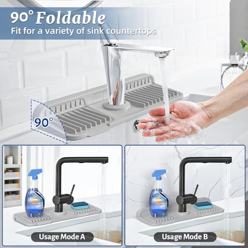 Image of PoYang 14.6 inch Faucet Mat for Kitchen Sink Splash Guard, 7 Slope Silicone Sink Water Splash Guard for Kitchen Sink Area with Snap, Long Sink Protectors for kitchen Sink Sponge Holder, Light Grey