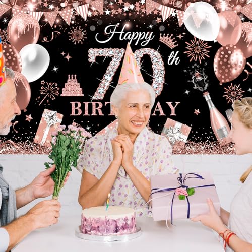 Image of Avezano Happy 70th Birthday Banner for Women Black and Rose Gold Glitter Balloon 70 Birthday Party Backdrop 70 Year Old Bday Photo Backdrop Party Supplies 70.8 x 43.3 Inch