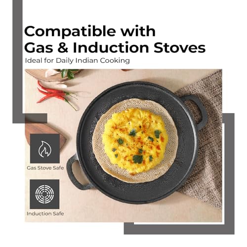 Lifelong 2 in 1 Cast Iron Grill Tawa Pan with Wooden Spatula | 30 cm Reversible Cookware | Dual Surface for Roti, Dosa, Grill, Fish & More |Gas &... - Image 5