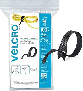 VELCRO® Brand | One-Wrap Reusable Thin Ties | Multi-Perpose Ties Perfect Desk Accessories for Cable Management & Home Improvement | Black | 12mm x 20cm | Pack of 100