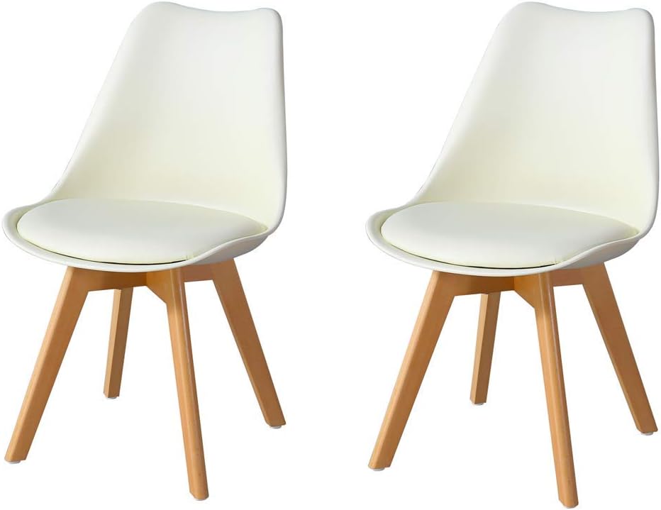 TUKAILAi 2 PCS Cream Dining Chairs with Wood Legs Retro Padded Seat Lounge Chairs Kitchen Chairs Living Room Reception Chairs
