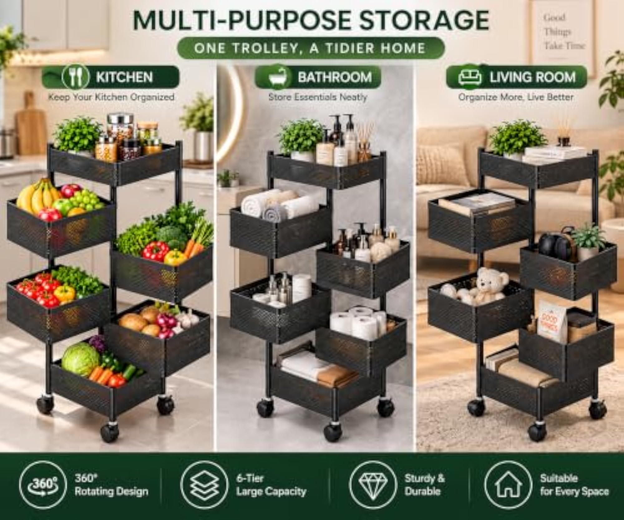 Rotating Kitchen Trolley with Wheels, Metal Storage Rack for Vegetables