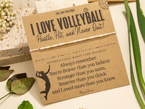 RareLove Volleyball Jewelry-I Love Volleyball Morse Code Beaded Bracelets for Team Women Player,Granddaughter, Daughter Yellow Red Pony Beads3