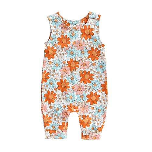 Infant Baby Girl Groovy Floral One Piece Romper Outfit Cute Girls Sleeveless Flower Bodysuit Jumpsuit Clothes (Orange,12-18 Months) #TOP25