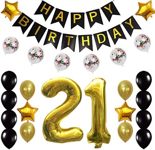 Decoraciones doradas de cumpleaños número 21, suministros para fiesta, globos de confeti de feliz cumpleaños 21, conjuntos de carteles y números