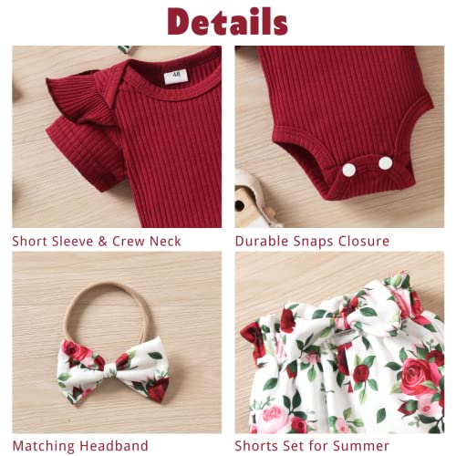 Aalizzwell Preemie Baby Girls Clothes Ribbed Short Sleeve Bodysuit Floral Bloomer Shorts Summer Outfits Premature Wine Red #TOP1