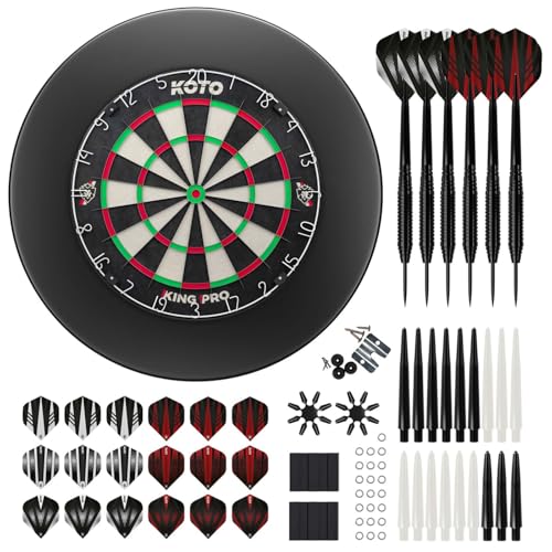 KOTO - King Pro Edition Dartscheibe Schwarz Incl. Surround & Accessory Kit Steeltip 90 Stücks, 2 Sets Dartpfeile 23 G, 6x3 Flights, 6x3 Shafts