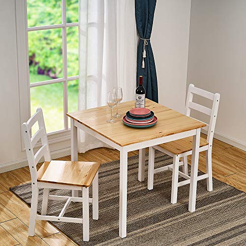 Panana Pine Wood Dining Table and 2 Chairs Set, 3-Piece Home Kitchen Furniture Set (White Pine)