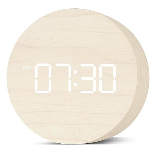 Wooden LED Digital Alarm Clock for Desk – Modern Aesthetic Wood Clock with Adjustable Brightness, 3
