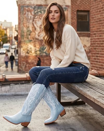 Image of Uillnoodu Wide Calf Cowboy Boots Women Adjustable Lace Up Knee High Tall Plus Size Cowgirl Boots Western Style Comfortable 2-Inch Heel