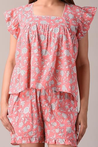 Image of Women Pure Cotton Printed Top & Shorts Set, Nightwear, Nightsuit Set, Sleepwear, Loungewear (Combo of Top and Shorts)