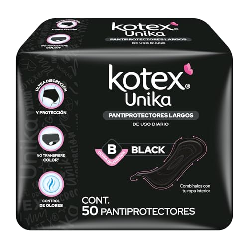 La Mejor Selección de Protectores que Puedes Comprar On-line. 44 Kotex Unika, Pantiprotectores Largos Negros, 50 piezas, con control de olores, ultra discreción y protección