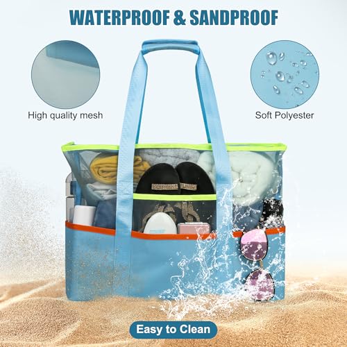 Tote Beach Bag with Zipper, Large Foldable Mesh Travel Bag for Women, Waterproof Sandproof Cruise Utility Work Vacation4