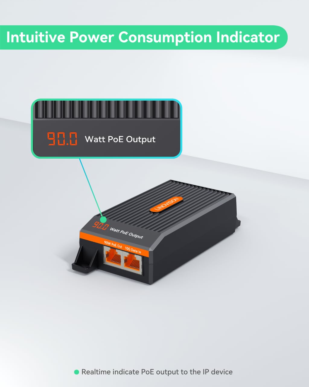 LINOVISION Injecteur PoE++ 10G BT90W et Séparateur PoE++ Gigabit Industriel | Injecteur PoE++ 10G BT90W avec Affichage de la Puissance PoE en Temps Réel