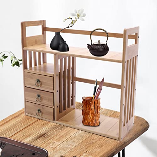 Monipa Desktop Shelves & Office Shelves Desk Hutch Top Only Bamboo Desktop Bookshelf Counter Top Bookcase Adjustable With 2 Drawers, Desk Storage Organizer Display Shelf Rack For Office Supplies #TOP3
