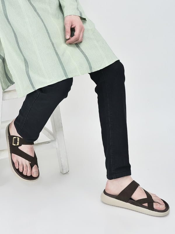 Image of FAUSTO Men Toe Ring Criss Cross Buckle Strap Side Stitched Waterproof Summer Slip On Sandals|Comfort Sole|Lightweight Slippers for Rainy Monsoon Season