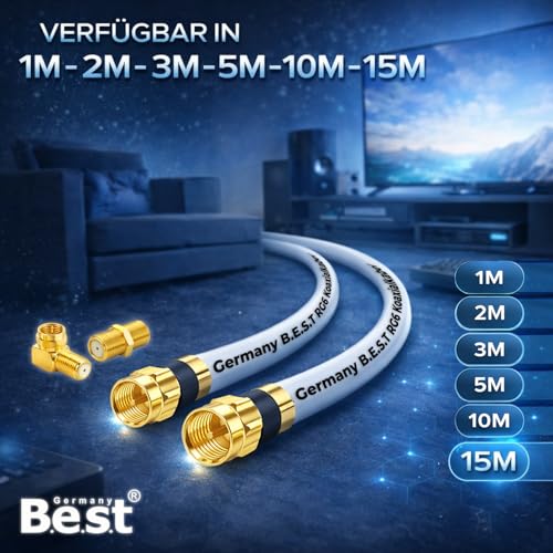 SAT Antennenkabel Koaxialkabel 135 dB Class A+ – Digital HDTV / 4K / 3D / UHD – vergoldet – 1× 90° Winkelstecker & 1x F-Verbinder inkl. – Satellitenkabel für Receiver, Router & Modem (3 Meter, Weiß)