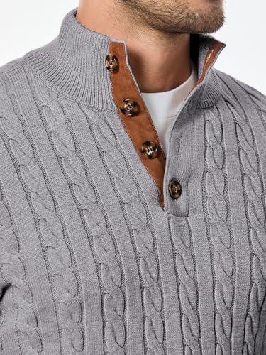 Image of JMIERR Men's Cable Knit Pullover Sweater Casual Long Sleeve Stand Collar Button Knitted Sweaters