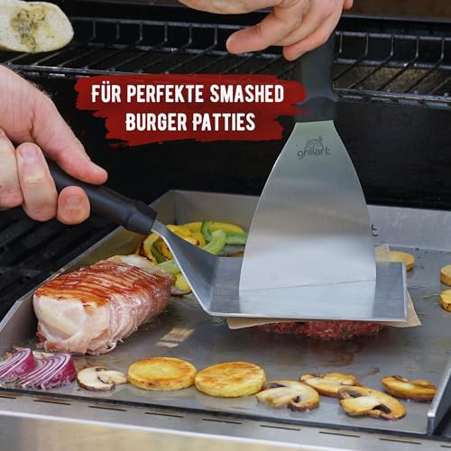 grillart® Premium Grillspachtel Set aus hochwertigem Edelstahl für Smashed Burger inkl. 30 Stk Burgerpapier – Grillspachtel für Plancha & Teppanyaki – Grillwender aus Edelstahl – ideale Grillzubehör