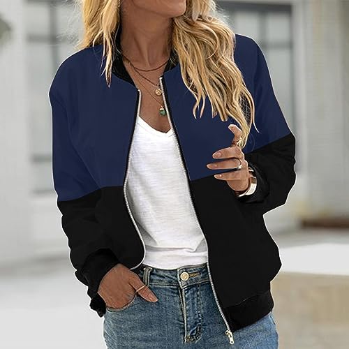 PTOLOCIF Women's Casual Zip up Bomber Jacket Coat Trendy Varsity Jacket Outerwear Coat Fall Fashion 2024 Cute Jacquard Coat with Pockets Navy - Image 3