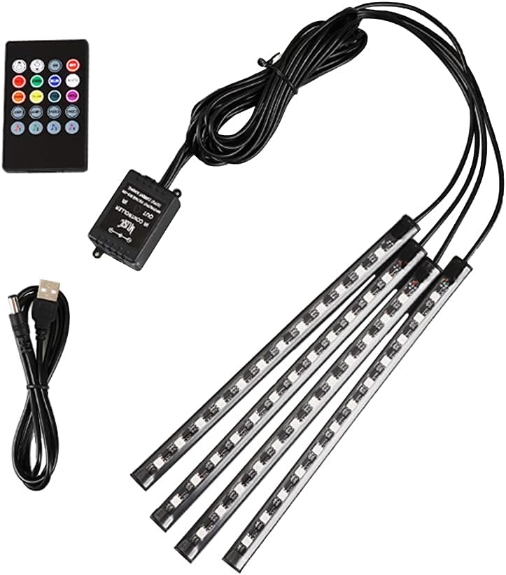USB Car LED Atmosphere Lights, DC 5V 4pcs / 48 LED Interior Lights, Multicolor Music Car Strip Light, Under Dash Lighting Kit with Sound Active Function and Remote Controller