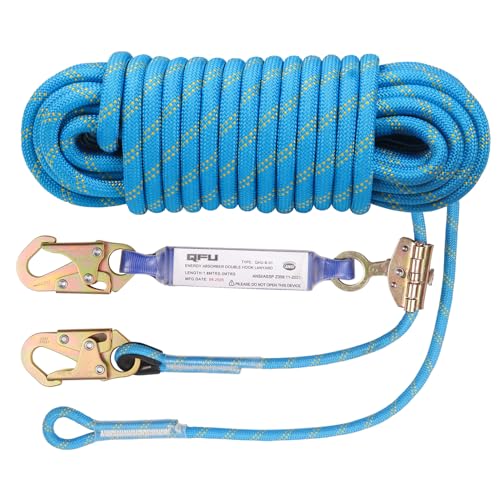 QFU 25 50 100FT Fall Protection Safety Rope - Heavy Duty Vertical Roof and Tree Climbing Rope, equipped with alloy steel clips, shock-absorbing rope, safety harness, ANSI certified
