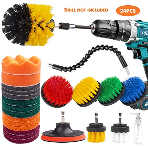 Tintec - Juego de accesorios para brocas, 24 piezas, con cepillo de limpieza con botella recargable para limpiar baldosas de piscina, bañera, fregaderos, piso y ruedas
