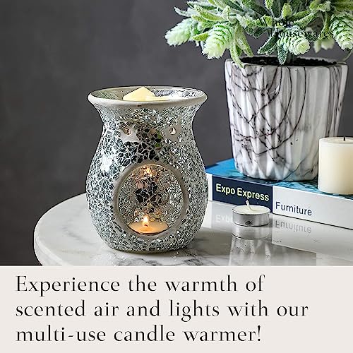 Whole Housewares | 4.5X5.5 Inch Mosaic Glass Oil Burner, Fragrance Oil Burner, Tealights Wax Melt Warmer | Decorative For Home Office Bedroom Living Room Gifts (Silver) #TOP5